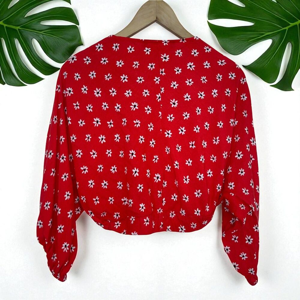 ZARA Red Daisy Floral Print Tie-Front Linen Blend Cropped Blouse - XS - Picture 8 of 12